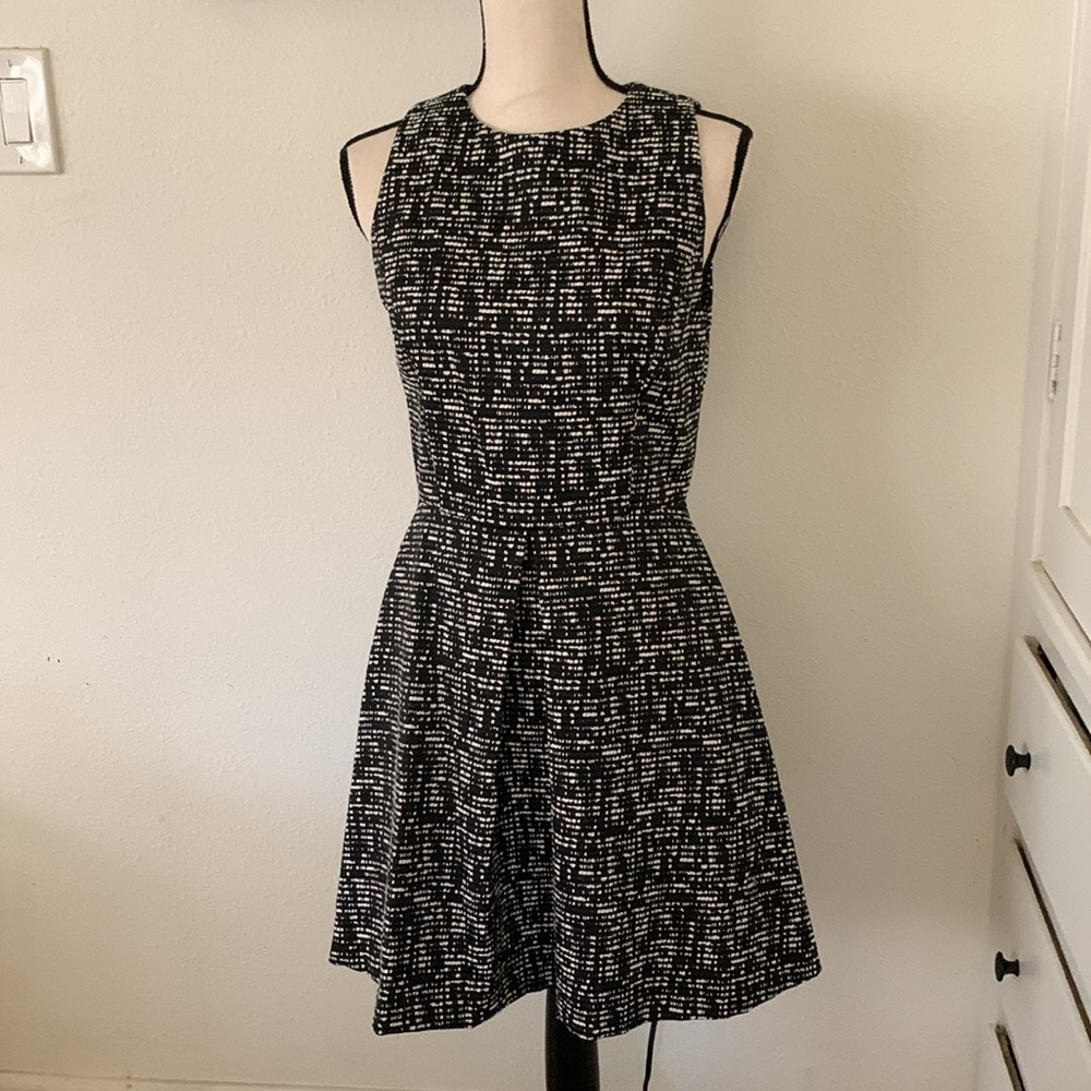 Alice + Olivia Employed Janette Tweed Pleat Fit & Flare Dress in Black/White - 6